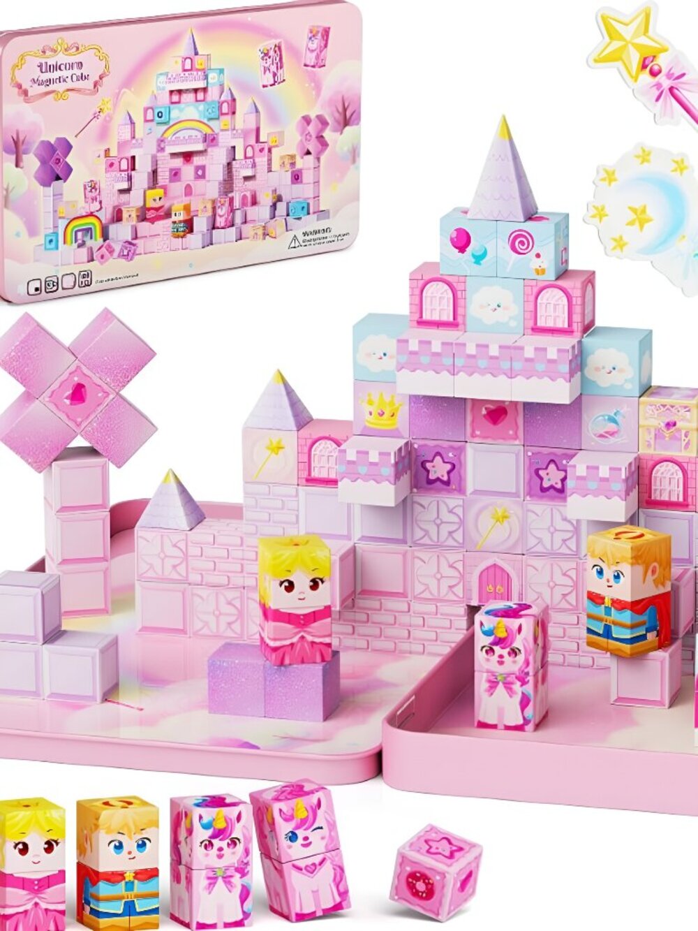 Unicorn Magnetic Cubes for Travel: 100 PCS Castle Princess Playset - A1